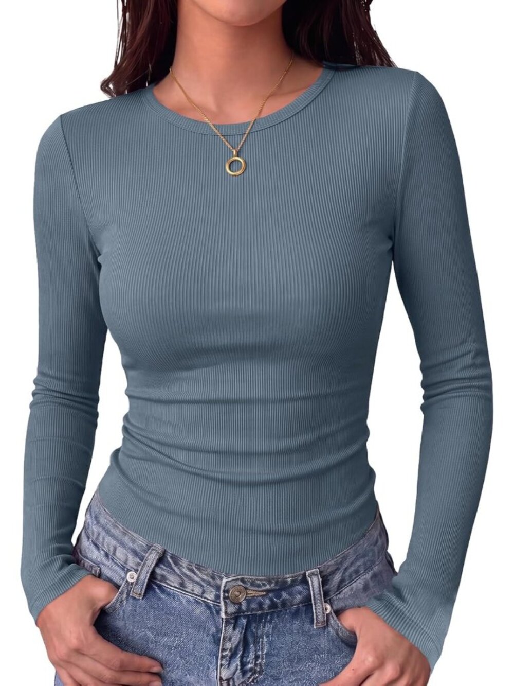 Women Bluish Grey Ribbed Knit Basic Crewneck Long Sleeve Slim Fit Trendy T-Shirt